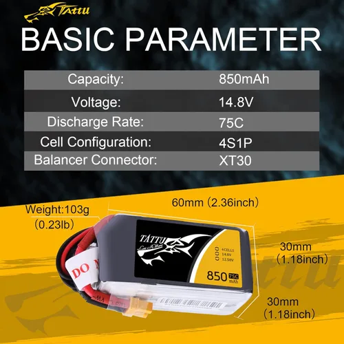 Miniatura 2 de Tattu Paquete de batería LiPo de 14.8V 4S 75C 850mAh con enchufe XT30 para multirotor FPV de tamaño 100 a 180 Owl Racing Quadcopter
