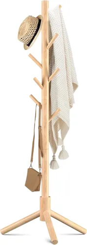 Haddockway Perchero de madera con 8 ganchos, pino de Nueva Zelanda, 3 abrigos ajustables, fácil montaje para abrigos, sombreros, bufandas y bolsos