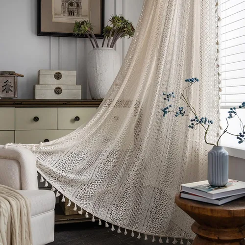 Miniatura 32 de Deeprove Cortinas bohemias para dormitorio, rayas huecas de ganchillo crema y estampado floral, tela de lino de algodón, con borlas beige bohemias