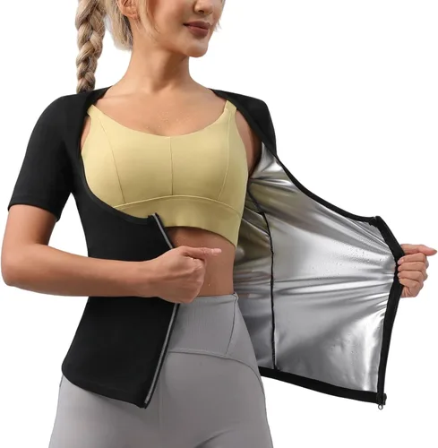 Miniatura 9 de Traje de sauna, chaqueta moldeadora de cuerpo de sudor caliente, entrenador de cintura, manga larga, con cremallera, camiseta de entrenamiento Negro