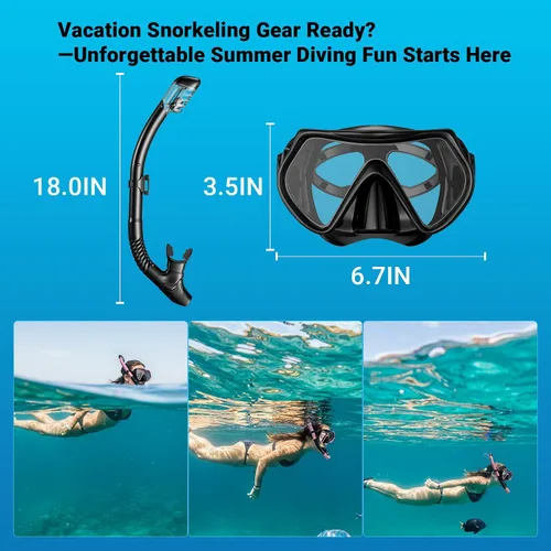 Miniatura 6 de Snorkel Mask Set, Dry-Top Snorkel Set Scuba Diving Mask, 180° Panoramic Wide View, Professional Breathing Freely Snorkeling Gear Kit with Nose Cover