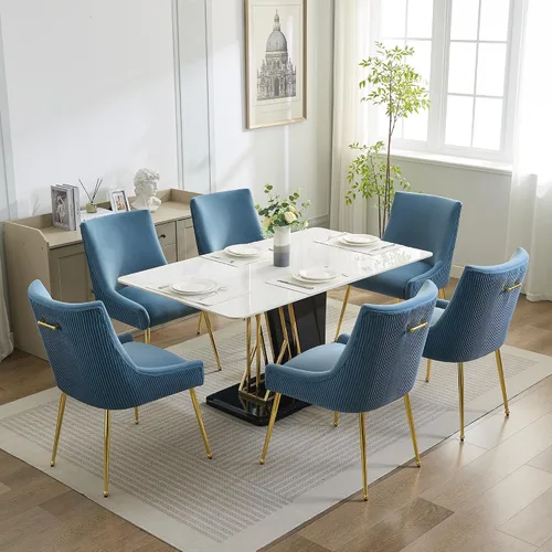 Miniatura 4 de WUTUTUEE Juego de 2 sillas de comedor de terciopelo, patas doradas, sillas decorativas tapizadas de terciopelo, diseño de respaldo plisado y asa