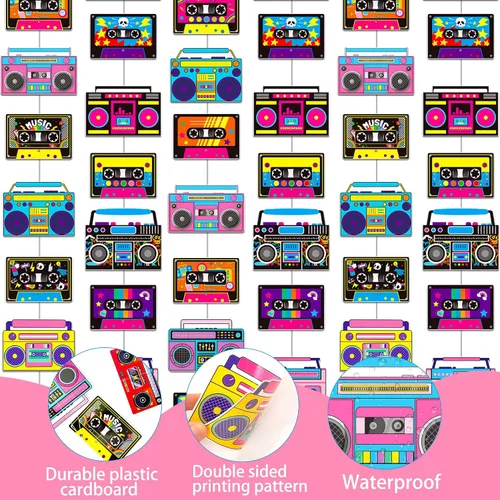 Miniatura 3 de Guirnalda de cinta de casete y caja de pluma, 6 unidades de decoraciones de fiesta de los años 80, cinta de casete de radio retro, guirnalda