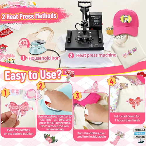 Miniatura 3 de NICEVINYL Lindos parches para planchar femeninos: 36 parches bordados de conquetas rosas para ropa, chaquetas, sombreros, mochilas, bolsas de mano