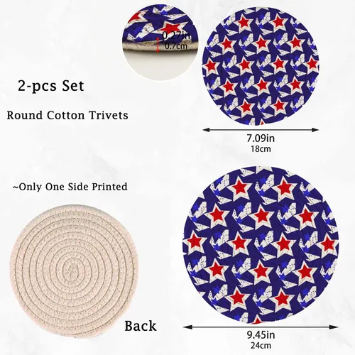 Miniatura 3 de Naanle Juego de salvamanteles de algodón moderno con diseño de estrellas y bandera de Estados Unidos para el 4 de julio, 2 posavasos redondos