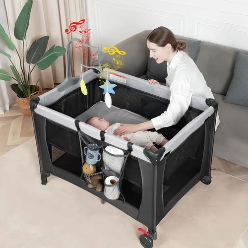 Miniatura 4 de Pack and Play con Mesa Cambiadora y Bolsa de Transporte, Corralito Cuna Portátil 4 en 1 para Recién Nacidos a Niños Pequeños, Cuna de Viaje Plegable