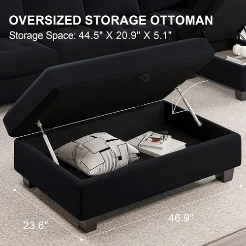 Miniatura 5 de Belffin Banco otomano rectangular de gran tamaño con almacenamiento, reposapiés tapizado de terciopelo para sala de estar y dormitorio (negro)