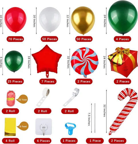 Miniatura 2 de RUODON Kit de arco de globos de Navidad, 233 piezas con dulces, bastón, látex, caja de regalo y globos de estrella para decoraciones de fiesta