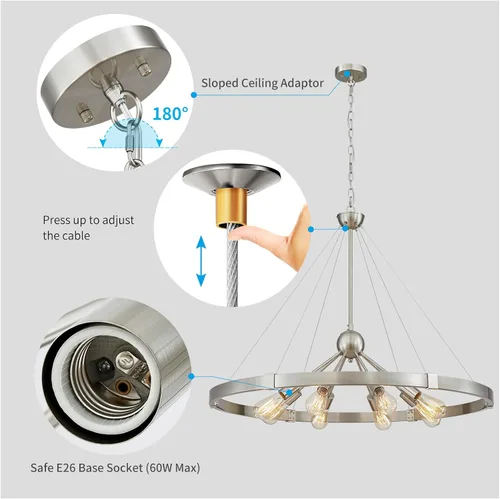 Miniatura 6 de XINGQI Lámpara de araña grande de 38 pulgadas con ruedas de carro, moderna lámpara colgante de níquel cepillado, 8 luces rústicas para comedor, sala