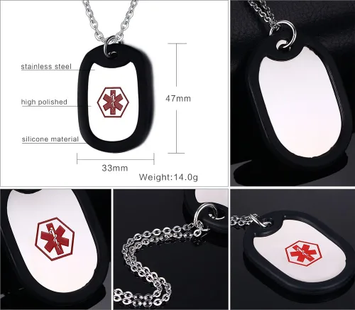 Miniatura 33 de VNOX Collar con colgante personalizado de acero inoxidable con grabado personalizado para identificación de alerta médica de emergencia para hombres