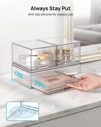 Miniatura 7 de Vtopmart Juego de 3 cajones de almacenamiento apilables, organizadores de plástico transparente para maquillaje, cosméticos, suministros de belleza