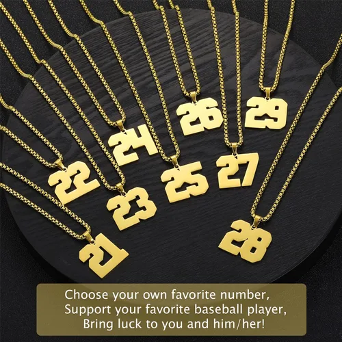 Miniatura 6 de Collar de Número Dorado para Hombre, Cadena de Acero Inoxidable con Colgante de Número para Atletas, Joyería Deportiva Personalizada para Niños