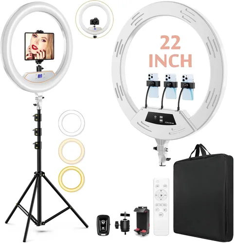 Miniatura 9 de Anillo de luz de 22 pulgadas con soporte, trípode de luz de anillo para iPhone iPad, con trípode de 75 pulgadas, pantalla LCD, 4 clips para iPad, 2