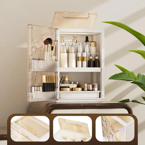 Miniatura 2 de Organizador de maquillaje con cajones, organizador de cuidado de la piel para tocador, vitrina grande de cosméticos con asa, organizadores