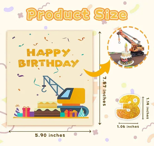Miniatura 6 de Tarjeta de felicitación emergente 3D de 3er cumpleaños con luz y música, tarjeta de camión grúa para niño, sobrino, nieto, hijo, niño pequeño