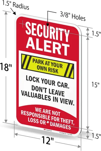 Miniatura 6 de SmartSign Letrero de metal con texto en inglés "Security Alert - Park At Your Own Risk, Lock Your Car, Not Responsible", aluminio de 63 mil, Letrero