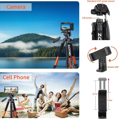 Miniatura 5 de Trípode para cámara de 74 pulgadas, trípode de soporte para cámara resistente, trípode para teléfono celular con soporte para teléfono, trípodes