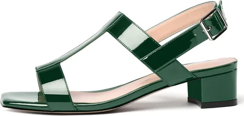Miniatura 2 de SHOWFOREST Women's Solid Adjustable Strap Patent Outdoor Buckle Square Toe Casual Chunky Low Heel Heeled Sandals 1.5 Inch