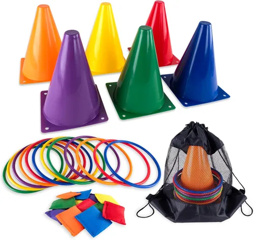 Super Z Outlet Juego de 30 piezas de carnaval al aire libre con 12 anillos, 12 bolsas de frijoles y 6 conos