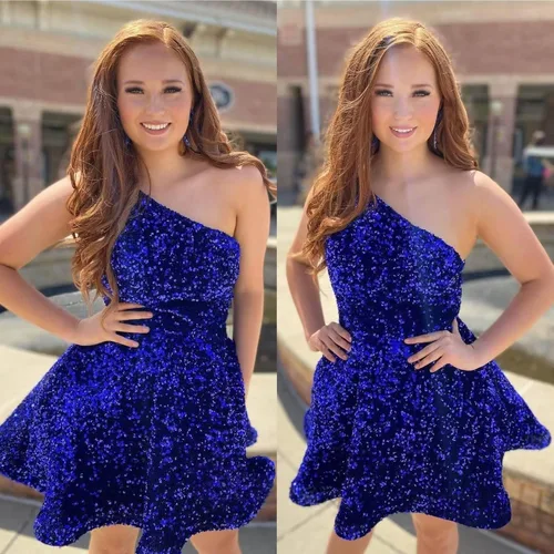 Miniatura 4 de Hjindpr Vestidos de lentejuelas de un hombro para adolescentes, vestido corto de graduación 2024, vestido formal acampanado brillante con bolsillos