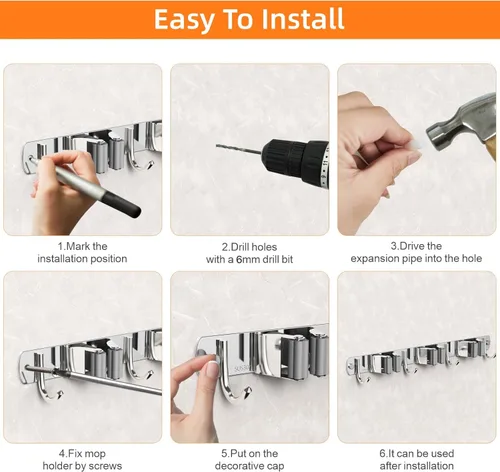 Miniatura 4 de CUXIXA Organizador de escoba y trapeador para colgar en la pared, soporte de pared mejorado para trapeador y escoba, soporte de pared de acero Plata
