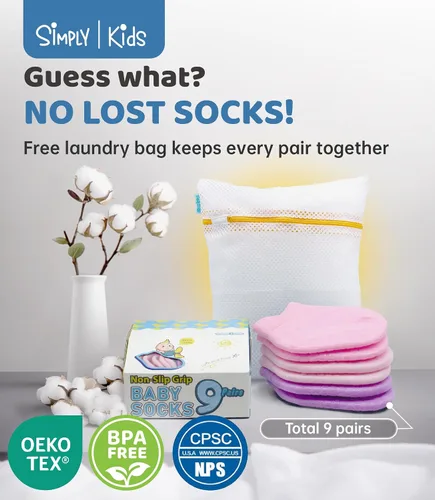 Miniatura 5 de Simply Kids Calcetines tobilleros antideslizantes para bebé (9 pares), agarre superior, algodón suave, para niñas y niños activos (de 0 a 7 años)