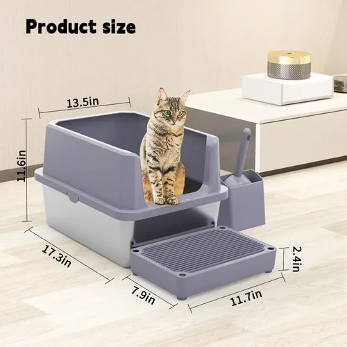 Miniatura 2 de RIZZARI Pequeña caja de arena para gatos de acero inoxidable con alfombrilla de control de seguimiento, bandeja de arena abierta y fácil de limpiar