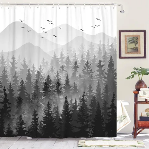 Miniatura 13 de Cortina de ducha Stall pequeña de bosque brumoso en blanco y negro, gris degradado, árbol de pino de montaña, tela impermeable, cortinas de ducha