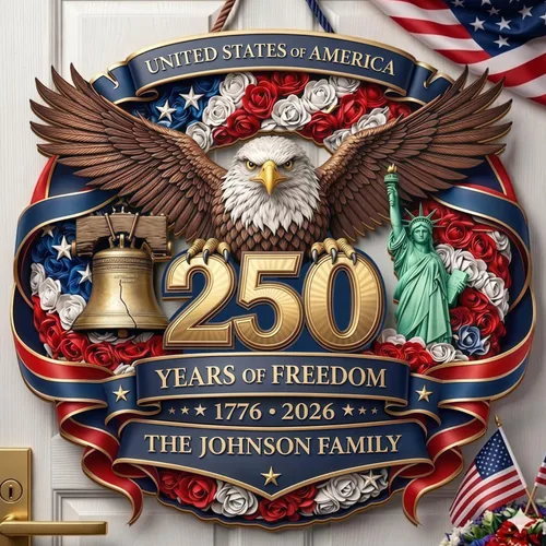 Miniatura 10 de NAZENTI Letrero personalizado para puerta del 4 de julio con nombre familiar, coronas de puerta personalizadas para 250 aniversario de Estados