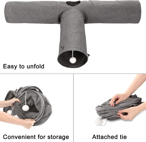 Miniatura 5 de Ownpets Túnel para gatos, túnel plegable de 3 vías, tubo para gatos de 47 pulgadas de largo con bola de felpa y juguete de plumas, túnel de juego