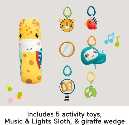 Miniatura 7 de Fisher-Price Alfombra de juego para bebé, 3 en 1, diseño de selva tropical, gimnasio sensorial con música y luces, cuña de abdomen y 5 juguetes