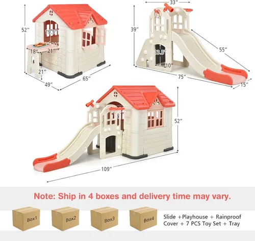 Miniatura 6 de Costzon Juego de casa de juegos y tobogán para niños, casa de juegos 7 en 1 al aire libre con puertas y ventanas de trabajo, mesa de picnic, juego