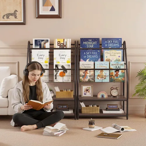 Miniatura 5 de VECELO Estante de almacenamiento para libros de fotos para niños, organizador industrial de pie, estante de exhibición de libros para niños