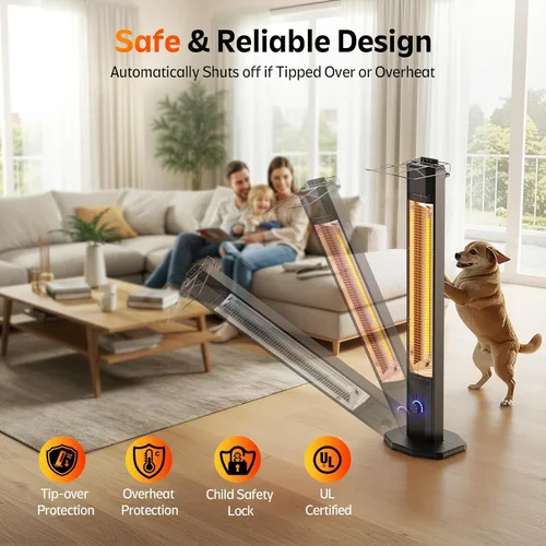 Miniatura 5 de Calentador eléctrico para patio al aire libre, calentador de torre infrarrojo de 42 pulgadas de 1500 W con 9 ajustes de calor y temporizador de 9
