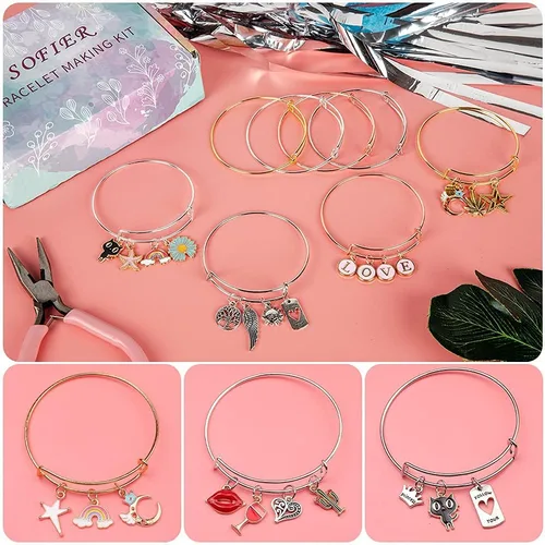 Miniatura 2 de Sofier Kit de fabricación de pulseras de 542 piezas, kit de fabricación de joyas y suministros expandibles, pulseras con dijes, juego de alicates