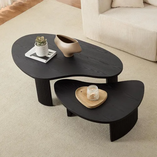 Miniatura 17 de Moderna mesa auxiliar anidable, mesa auxiliar redonda de madera, juego de 2 para espacios pequeños, sala de estar, color negro
