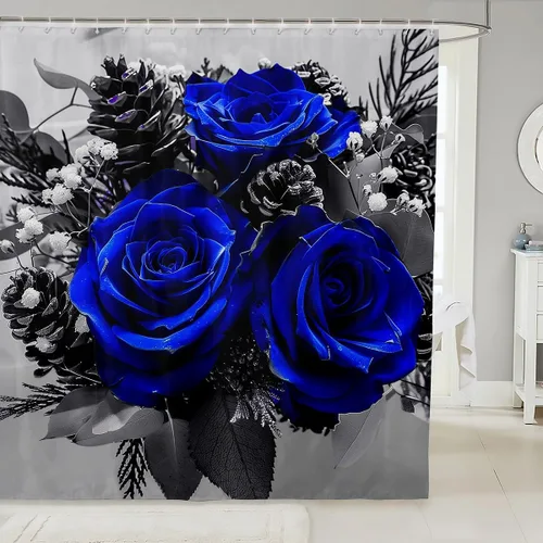 Miniatura 12 de Cortina de ducha con rosas rojas, juego de cortinas de ducha para niñas, mujeres y niños, cortina de ducha de tela impermeable con flores botánicas