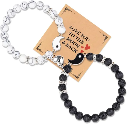Miniatura 59 de 2 pulseras magnéticas para parejas, piedra natural negra mate, cristal para votos de amor eterno, juego de pulseras de cuentas de piedra de energía