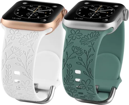 Miniatura 13 de Paquete de 2 correas deportivas grabadas con flores compatibles con correas de Apple Watch de 1.496 pulgadas, 1.575 pulgadas, 1.614 pulgadas