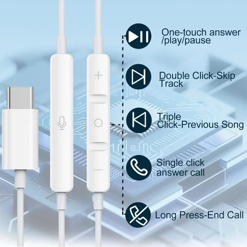Miniatura 4 de 1 paquete de auriculares USB C para iPhone 17/16/15 Pro Max, auriculares tipo C con cable con micrófono y control remoto, cancelación de ruido