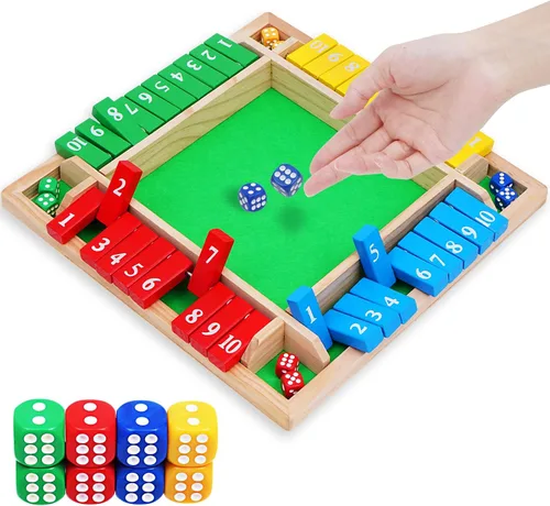 Miniatura 11 de Juego de dados Shut The Box para 1 a 4 jugadores, 10 números de madera tradicional, tablero de bar de pub familiar, juego de dados para adultos
