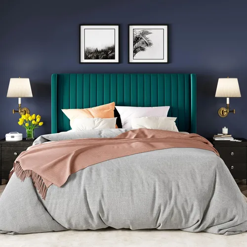 Miniatura 3 de Allewie - Base de cama tamaño Full con plataforma acolchada tapizada en terciopelo/cabecera tapizada con diseño acanalado vertical/listones de Verde