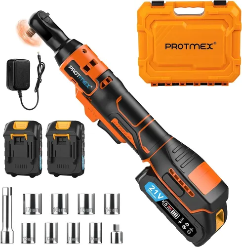 Protmex Llave de trinquete inalámbrica de 3/8'', trinquete eléctrico de 60 pies-libras (80 N.m) con batería de 21 V, 2 x 2.0 Ah, juego de llave de