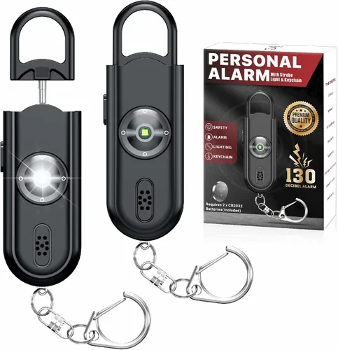 Miniatura 12 de Llavero de alarma de seguridad personal para mujeres, 2 unidades, sirena fuerte de 130 dB con luz estroboscópica SOS, linterna, altavoces dobles
