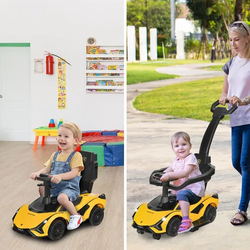 Miniatura 7 de INFANS 3 en 1 Coche carriola para empujar con licencia Lamborghini, coche a pie deslizante con control de los padres, música, faro, almacenamiento
