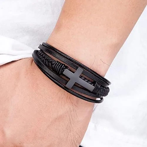Miniatura 2 de ZNDIJE Stainless Steel Braided Leather Bracelet for Men Cuff Bangle Cross Magnetic Clasp