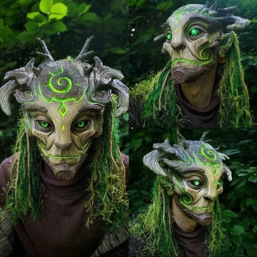 Miniatura 3 de CAFELE Máscara LED de elfo del espíritu del bosque con tocado, máscara de látex realista para mascarada, disfraces de Halloween, cosplay, accesorios