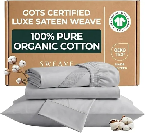 Sábanas de algodón orgánico certificado GOTS 100% de tamaño completo - Lujoso hilo de 415 hilos, certificado Oeko-Tex, tejido de sátin sedoso con