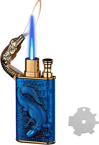 Miniatura 9 de Encendedor de antorcha, diseño de cocodrilo en relieve, encendedor mágico de doble llama con herramienta de llama de ajuste, encendedores de butano