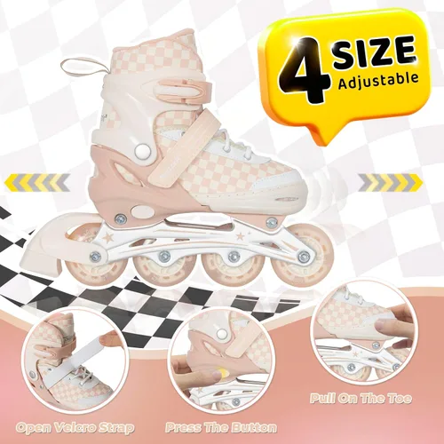 Miniatura 4 de Nattork Patines en línea ajustables para niños y adolescentes, ruedas iluminadoras, patines con diseño de tablero de ajedrez para niños y niñas Caqui
